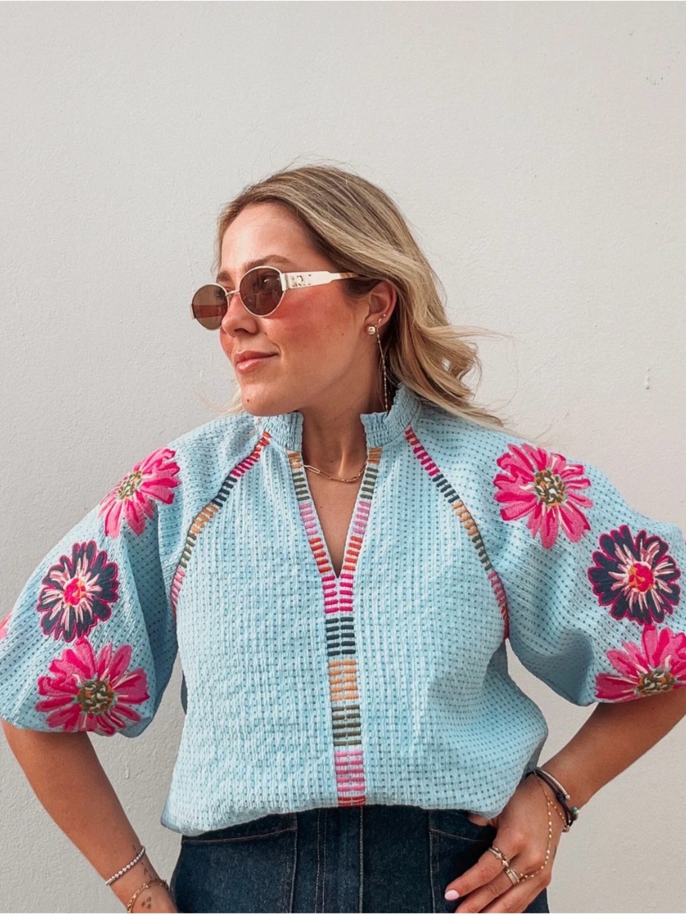 THML Aqua Embroidered Floral Tunic Top